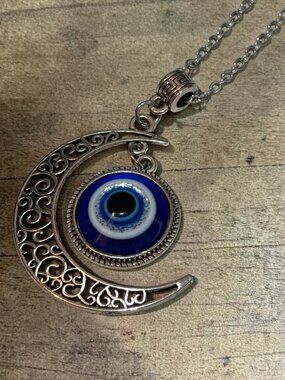 Moon Crescent Evil Eye Pendant Necklace With Chain Silver-Tone & Blue Charm Adju
